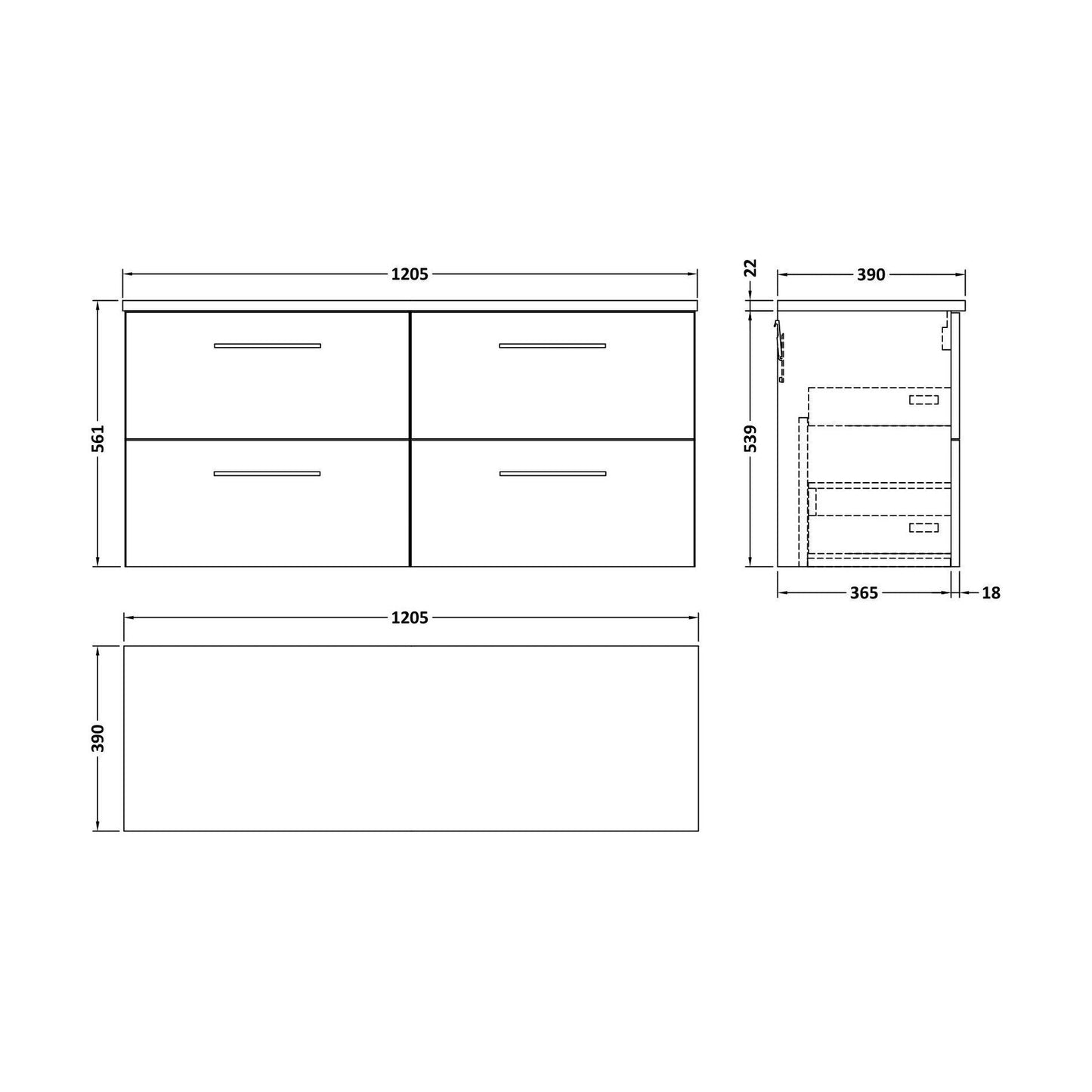 [BFLE824LCM2] Balterley Level 1200mm Wall Hung 4 Drawer Vanity Unit & Laminate Worktop for Modern Bathroom Storage - Satin Green - Technical Drawing