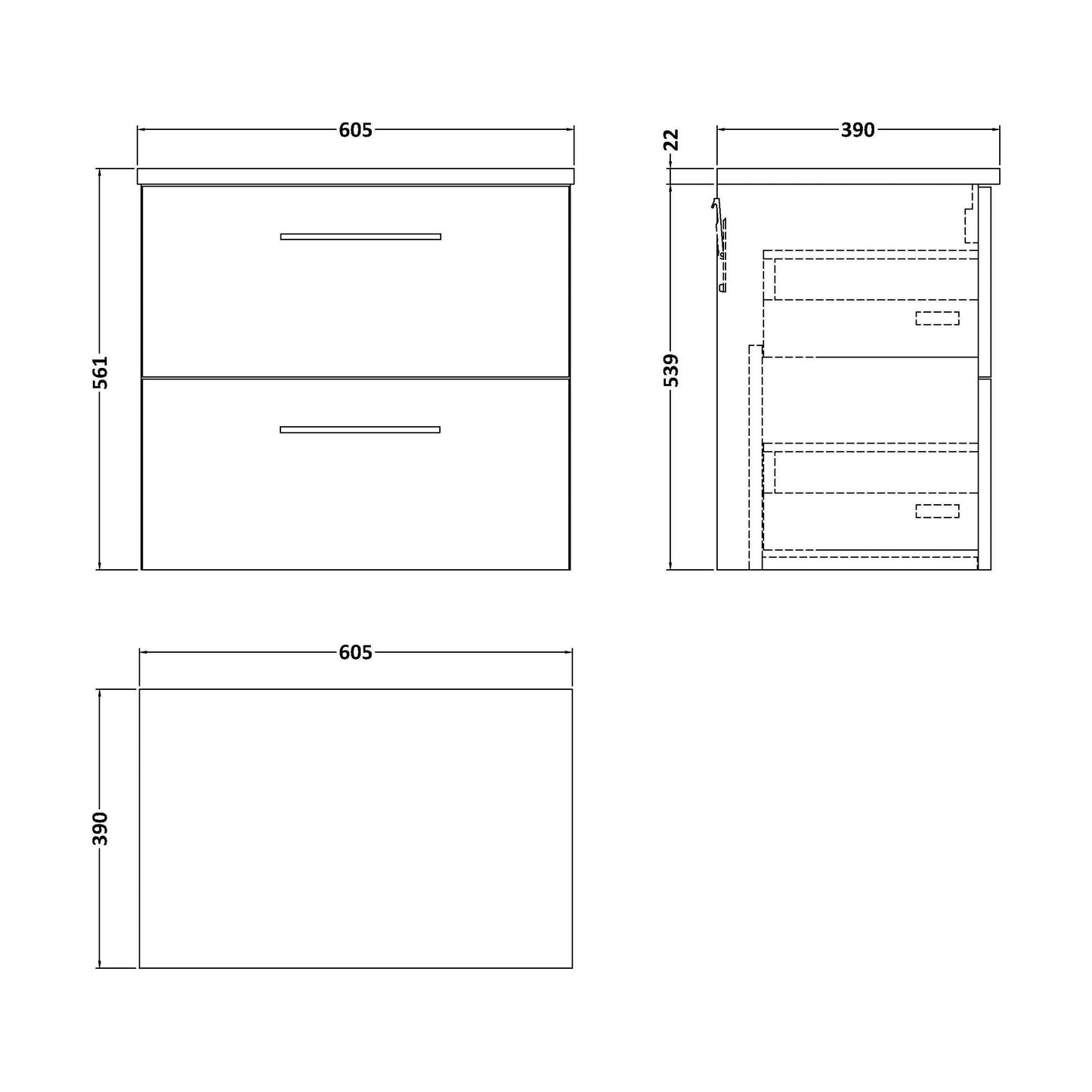 [BFLE824LCM] Balterley Level 600mm Wall Hung 2 Drawer Vanity Unit & Laminate Worktop for Modern Bathroom Storage - Satin Green - Technical Drawing