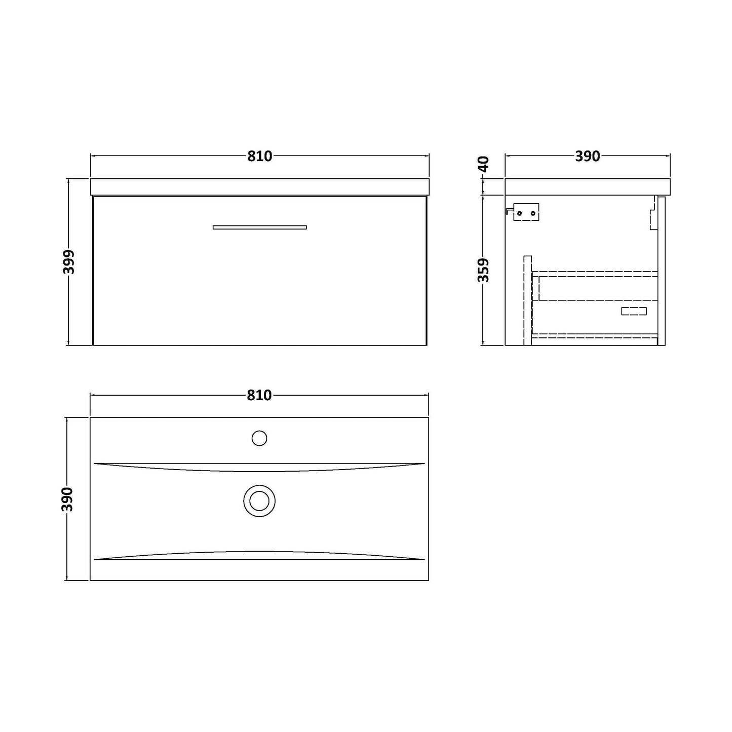 [BFLE825AH716] Bramshall Wall Hung 1 Drawer Vanity Unit with Mid-Edge Ceramic Basin - Choice of Colour, Handle Finish and Size - Technical Drawing