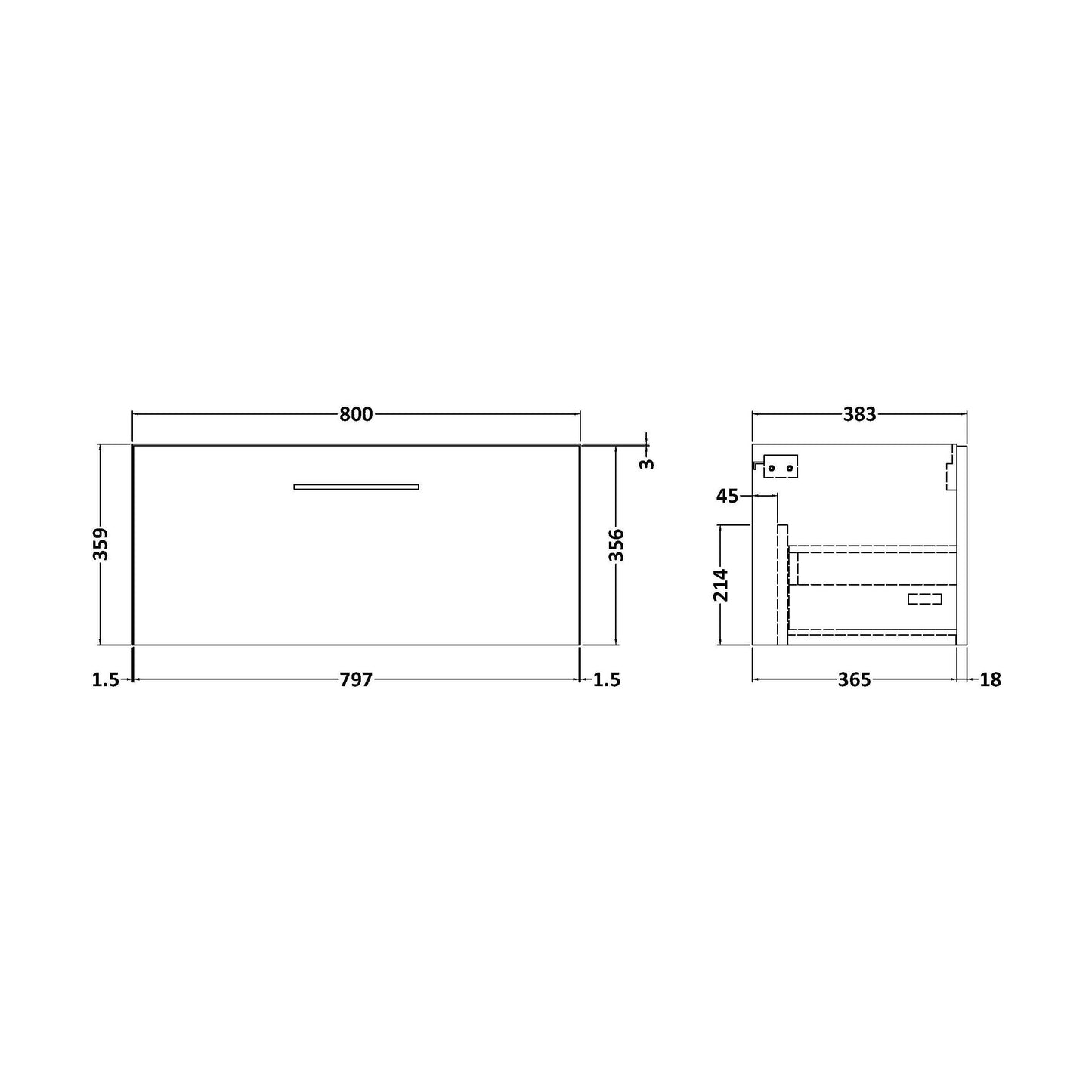 [BFLE825F] 800 SINGLE DRAWER UNIT (365 Deep) - Technical Drawing