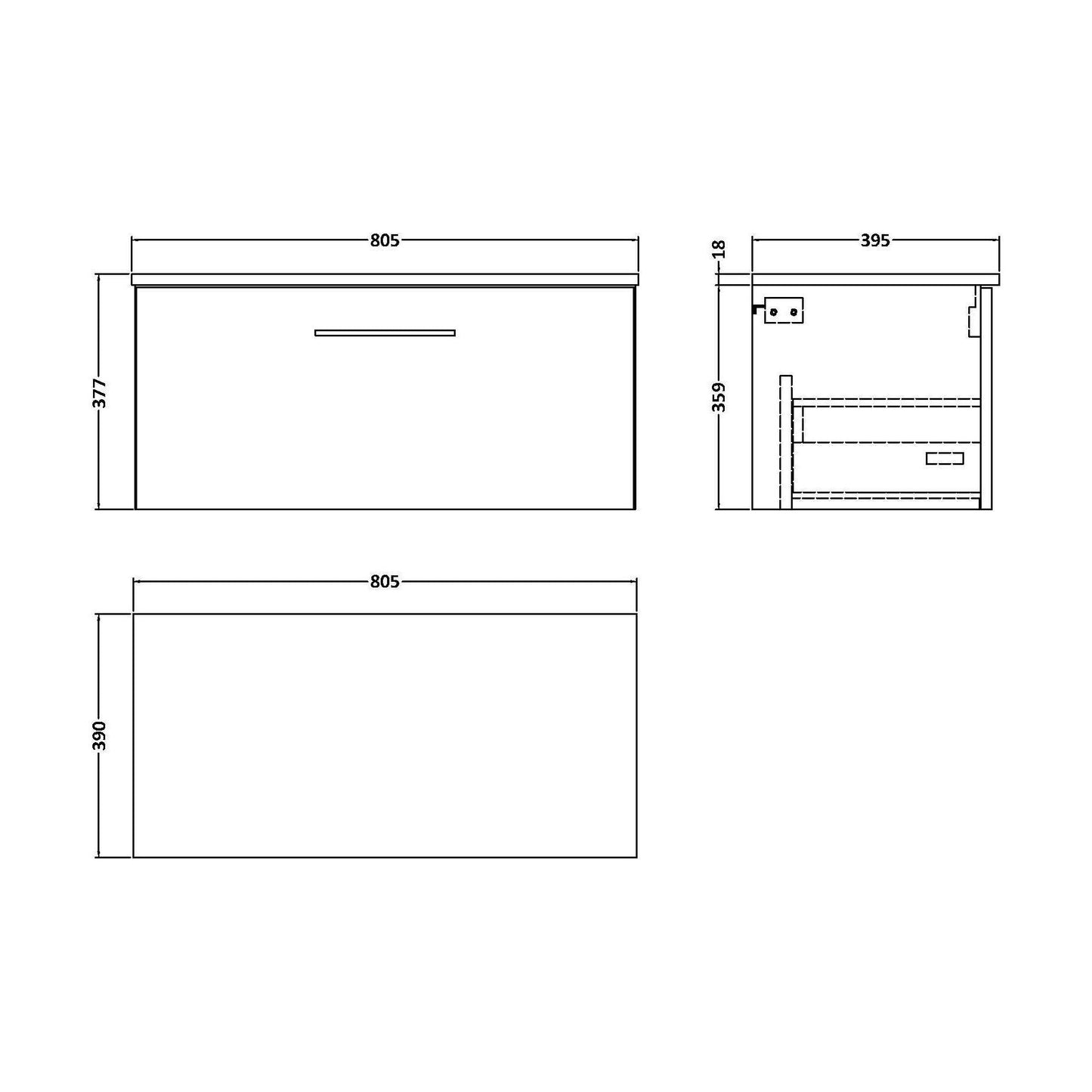 [BFLE825W] Balterley Level Modern Bathroom 800mm Wall Hung 1-Soft Close Drawer Vanity Unit with Worktop, 805 x 377 x 390mm, Satin Green - Technical Drawing