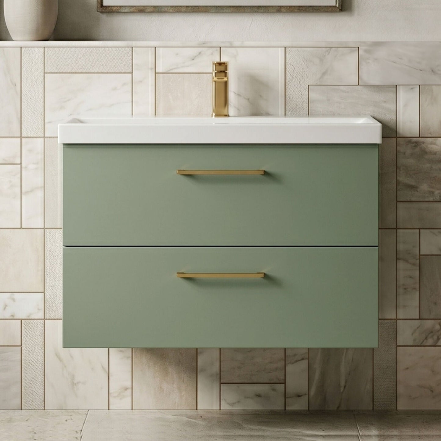 [BFLE826AH1516] Bramshall Wall Hung 2 Drawer Vanity Unit with Mid-Edge Ceramic Basin - Choice of Colour, Handle Finish and Size - Silo
