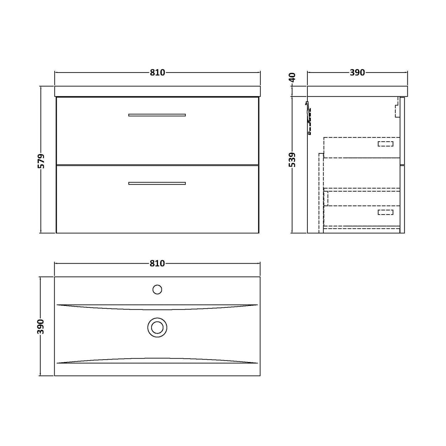 [BFLE826A] Bramshall Wall Hung 2 Drawer Vanity Unit with Mid-Edge Ceramic Basin - Choice of Colour, Handle Finish and Size - Technical Drawing