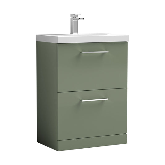 [BFLE833A] Balterley Modern Bathroom 2 Soft-Close Drawer Floor Standing Vanity Unit with Mid-Edge Basin, Satin Green, 600 mm - Cutout
