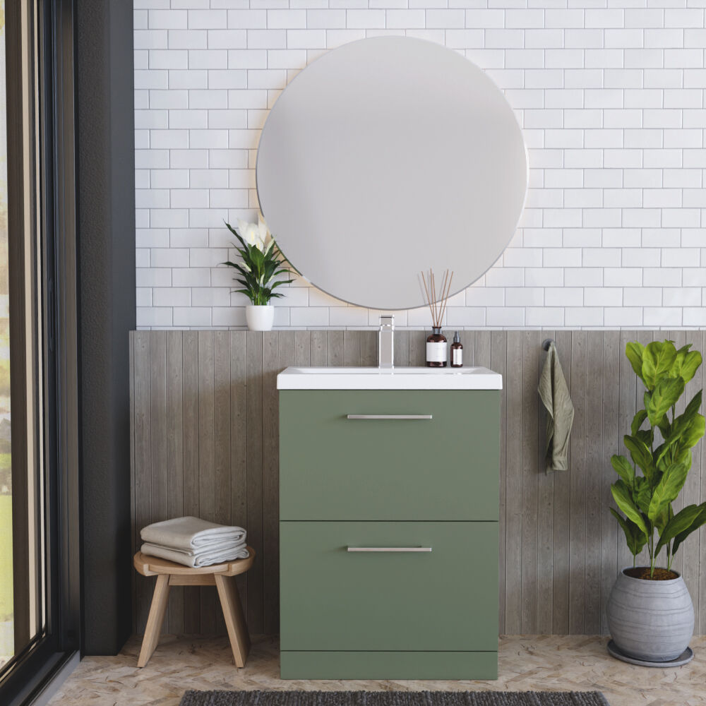 [BFLE833A] Balterley Modern Bathroom 2 Soft-Close Drawer Floor Standing Vanity Unit with Mid-Edge Basin, Satin Green, 600 mm - Lifestyle 1
