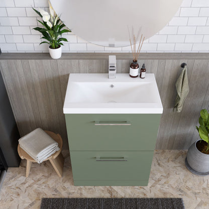 [BFLE833A] Balterley Modern Bathroom 2 Soft-Close Drawer Floor Standing Vanity Unit with Mid-Edge Basin, Satin Green, 600 mm - Lifestyle 2