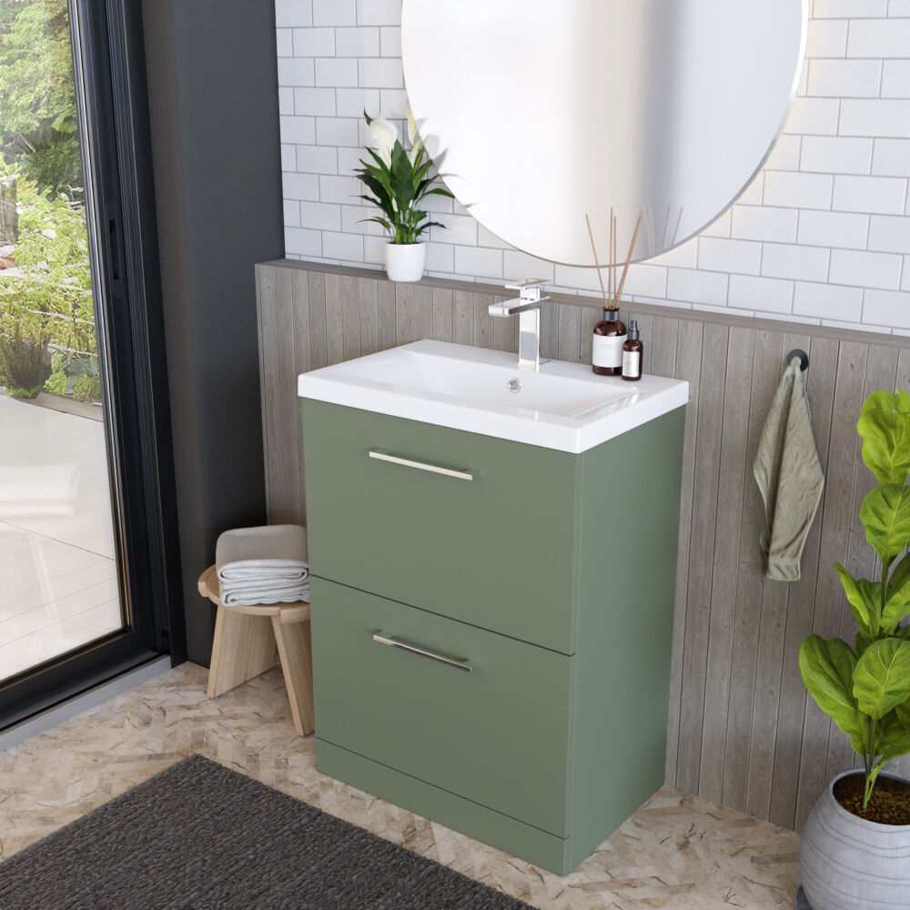 [BFLE833A] Balterley Modern Bathroom 2 Soft-Close Drawer Floor Standing Vanity Unit with Mid-Edge Basin, Satin Green, 600 mm - Lifestyle 3