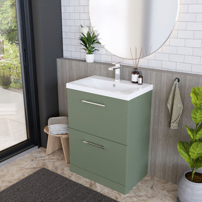 [BFLE833A] Balterley Modern Bathroom 2 Soft-Close Drawer Floor Standing Vanity Unit with Mid-Edge Basin, Satin Green, 600 mm - Lifestyle 3