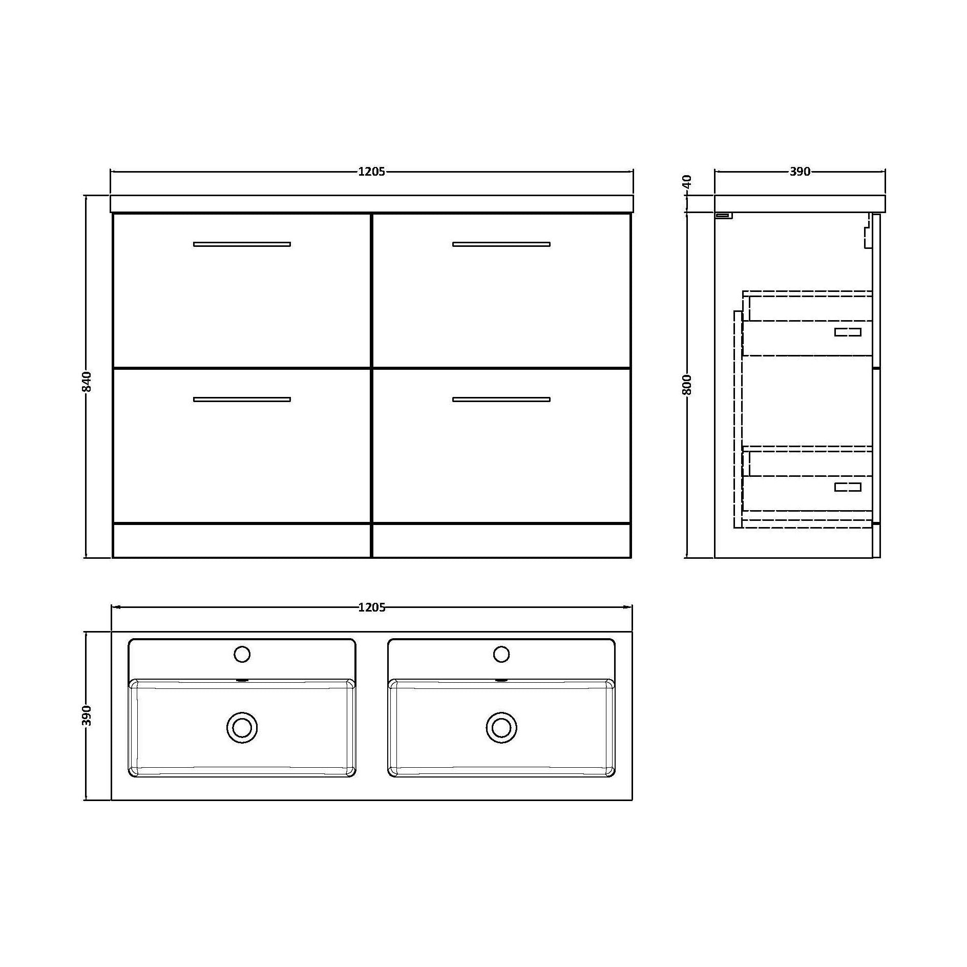 [BFLE833C2] Balterley Level 1200mm Floor Standing 4 Drawer Vanity Unit with Double Basin, Handles & Overflow for Bathroom Storage Gloss White - Technical Drawing