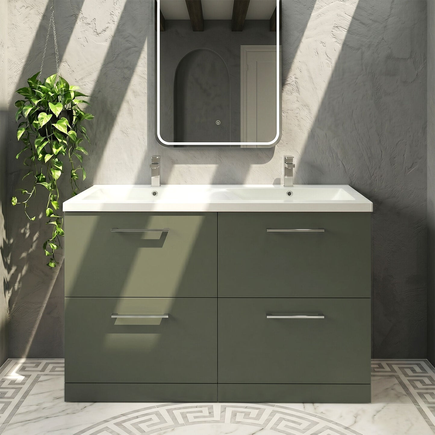 [BFLE833F2] Balterley Level 1200mm Floor Standing 4 Drawer Vanity Unit with Double Basin, Handles & Overflow for Bathroom Storage Gloss White - Silo
