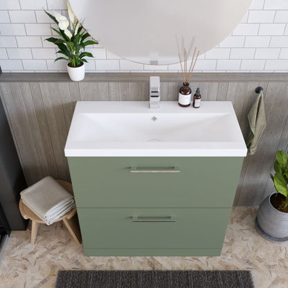 [BFLE835A] Balterley Modern Bathroom 2 Soft-Close Drawer Floor Standing Vanity Unit with Mid-Edge Basin, Satin Green, 800 mm - Lifestyle 2
