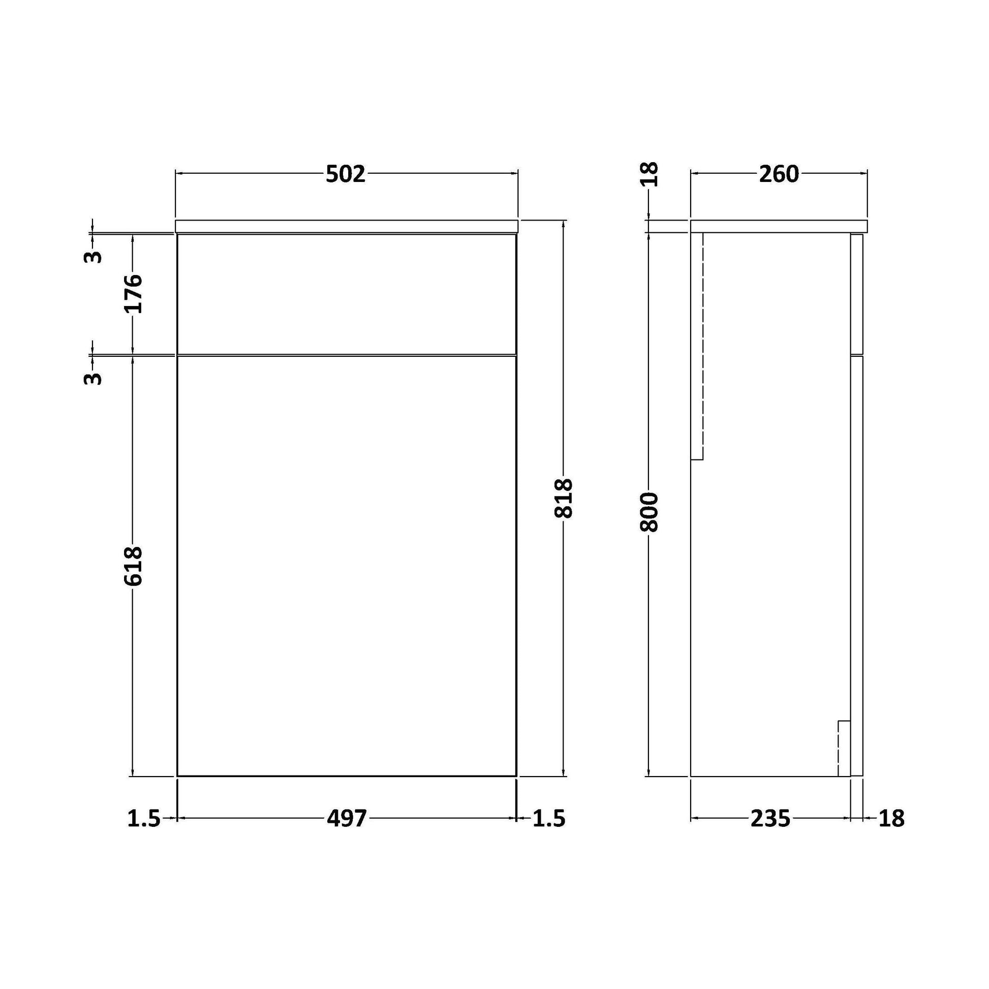 [BFLE841] Bramshall 500mm Floor-Standing Contemporary Compact WC Toilet Unit - Technical Drawing