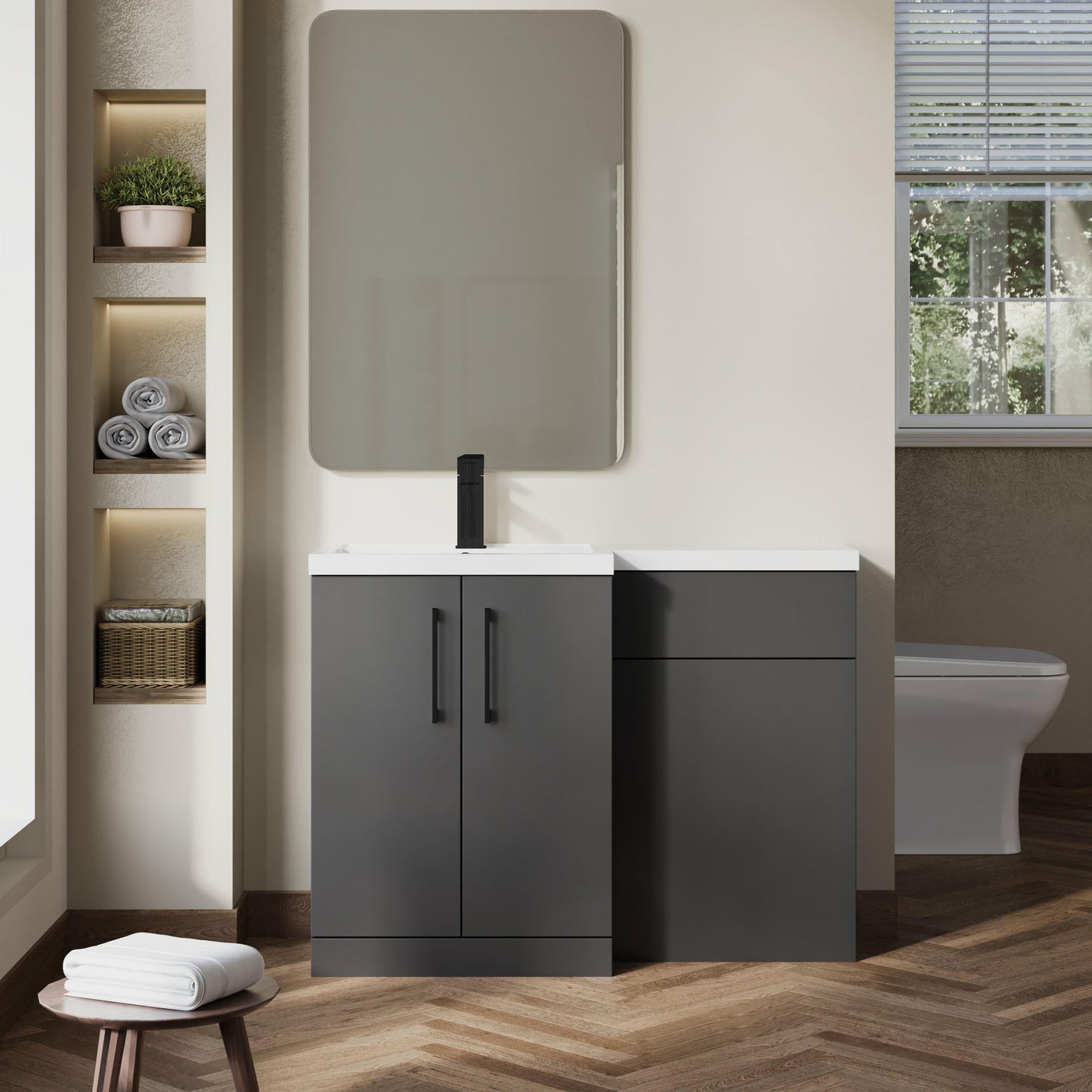 [BFLE911LH018] Bramshall Combination Vanity Unit with Basin & WC, Left Hand, 1100mm x 390mm - Choice of Colour and Handle Finish - Lifestyle 1