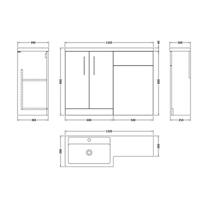 [BFLE911L] Balterley Left-Hand Bathroom Vanity and WC Unit Combination with Basin - 1100mm - Gloss Grey with Chrome Handles - Technical Drawing