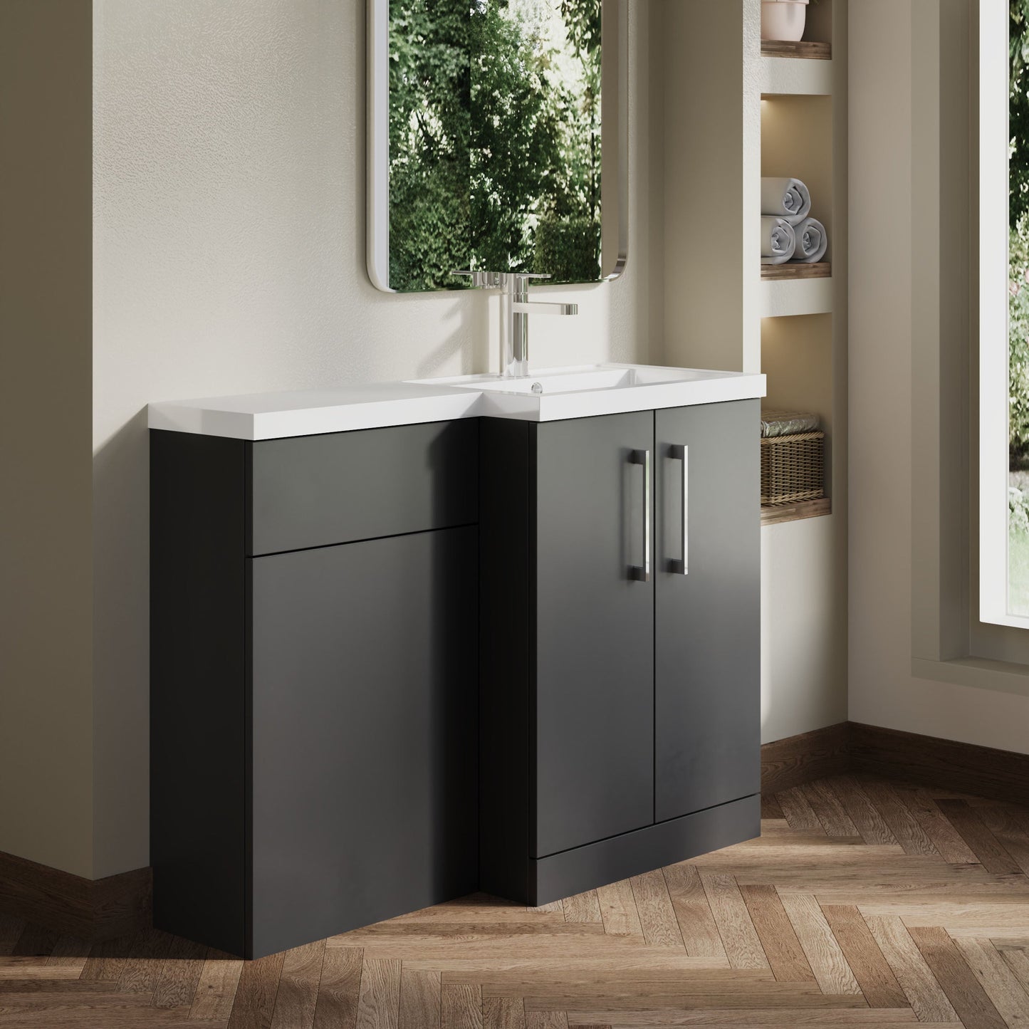 [BFLE911R] Balterley Right-Hand Bathroom Vanity and WC Unit Combination with Basin - 1100mm - Gloss Grey with Chrome Handles - Lifestyle 3