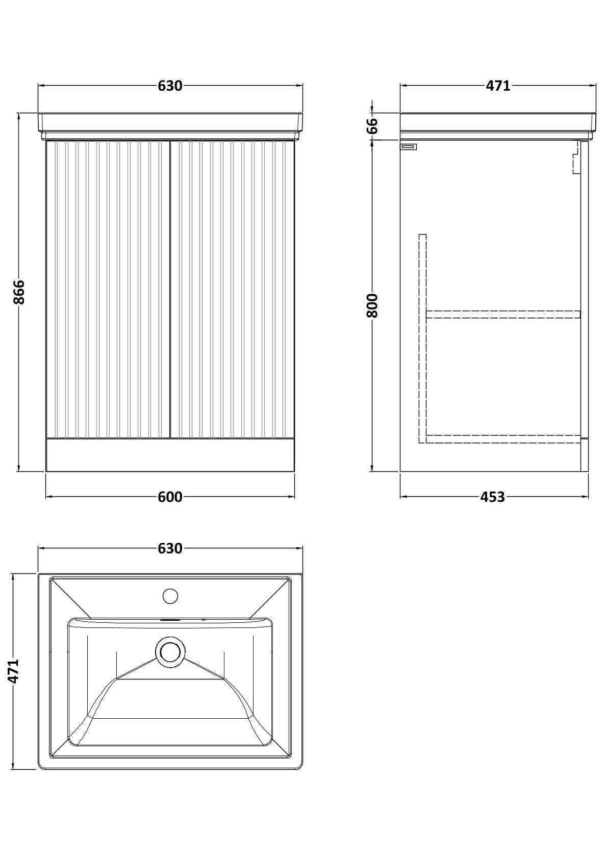 [BFLF103A] Callingwood Contemporary Floor Standing 2 Door Vanity Unit with Traditional 1 Tap Hole Fireclay Basin, Choice of Size and Colour - Line Drawing