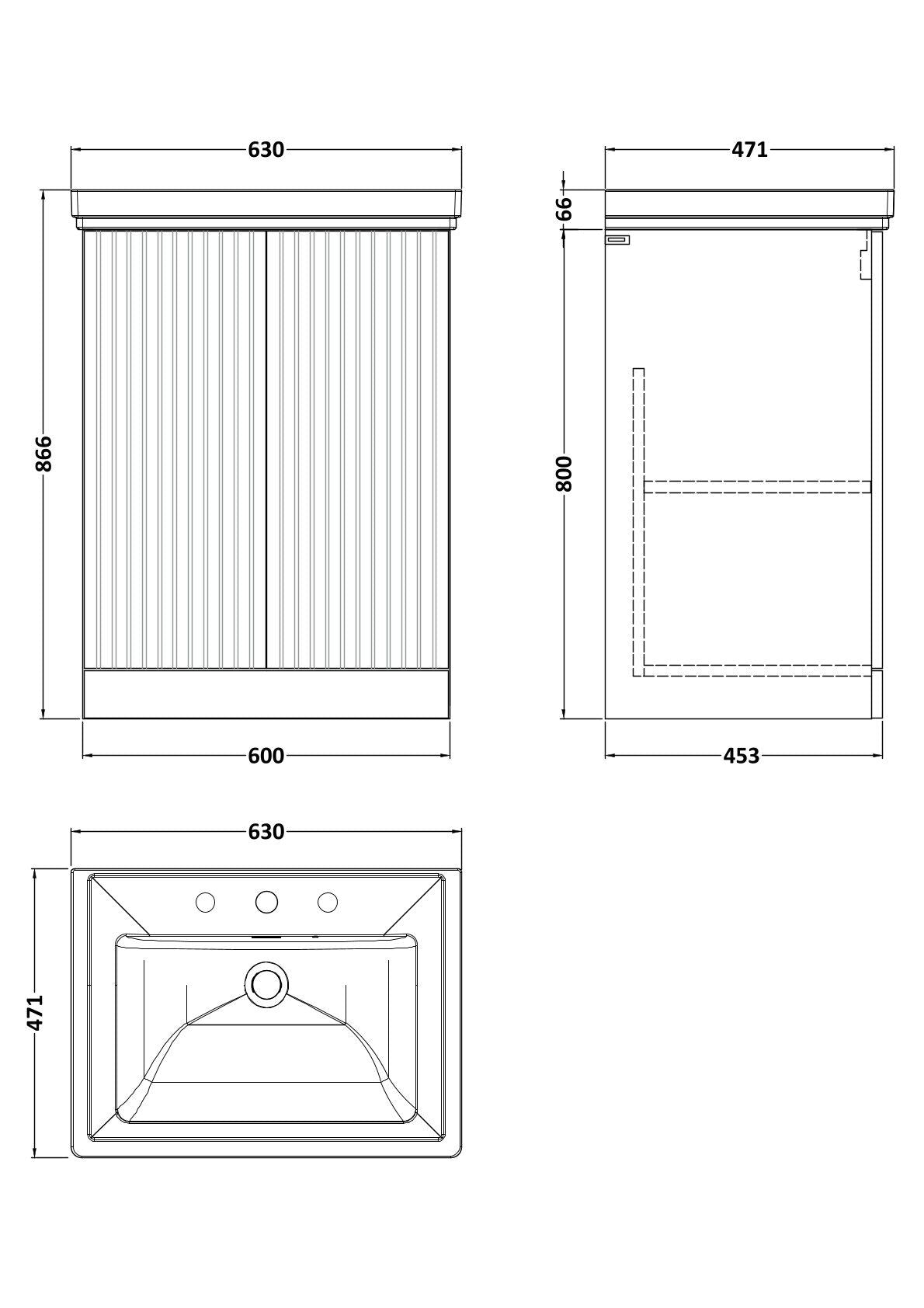 [BFLF103B] Callingwood Contemporary Floor Standing 2 Door Vanity Unit with Traditional 3 Tap Hole Fireclay Basin, Choice of Size and Colour - Line Drawing
