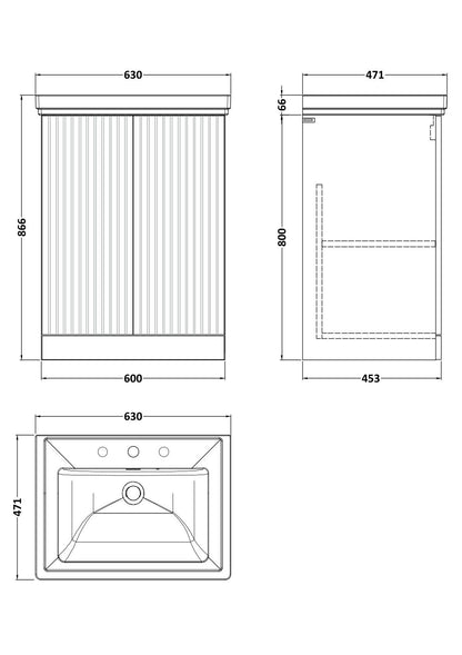 [BFLF103B] Callingwood Contemporary Floor Standing 2 Door Vanity Unit with Traditional 3 Tap Hole Fireclay Basin, Choice of Size and Colour - Line Drawing
