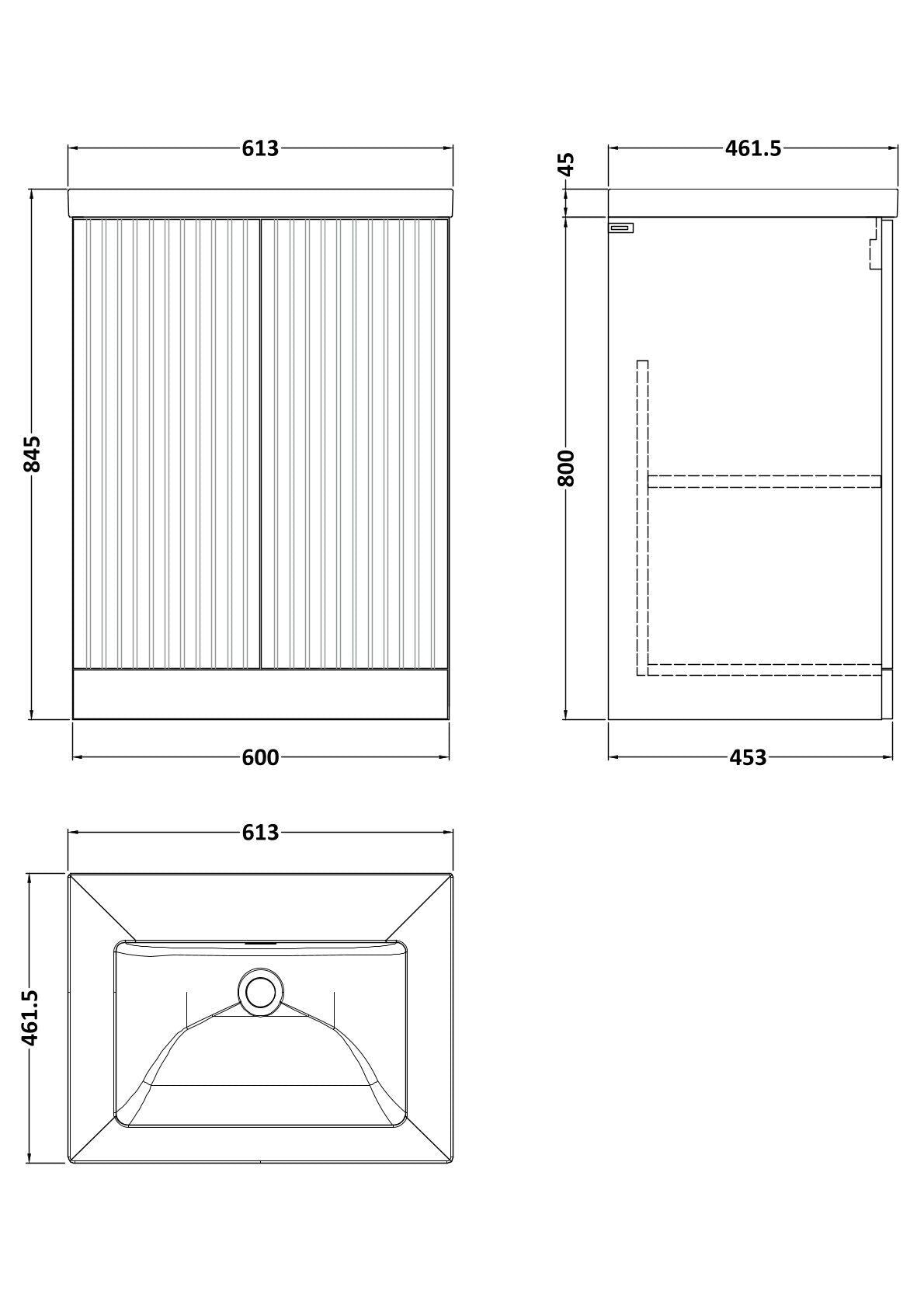 [BFLF103K] Callingwood Contemporary Floor Standing 2 Door Vanity Unit with 0 Tap Hole Fireclay Basin, Choice of Size and Colour - Line Drawing