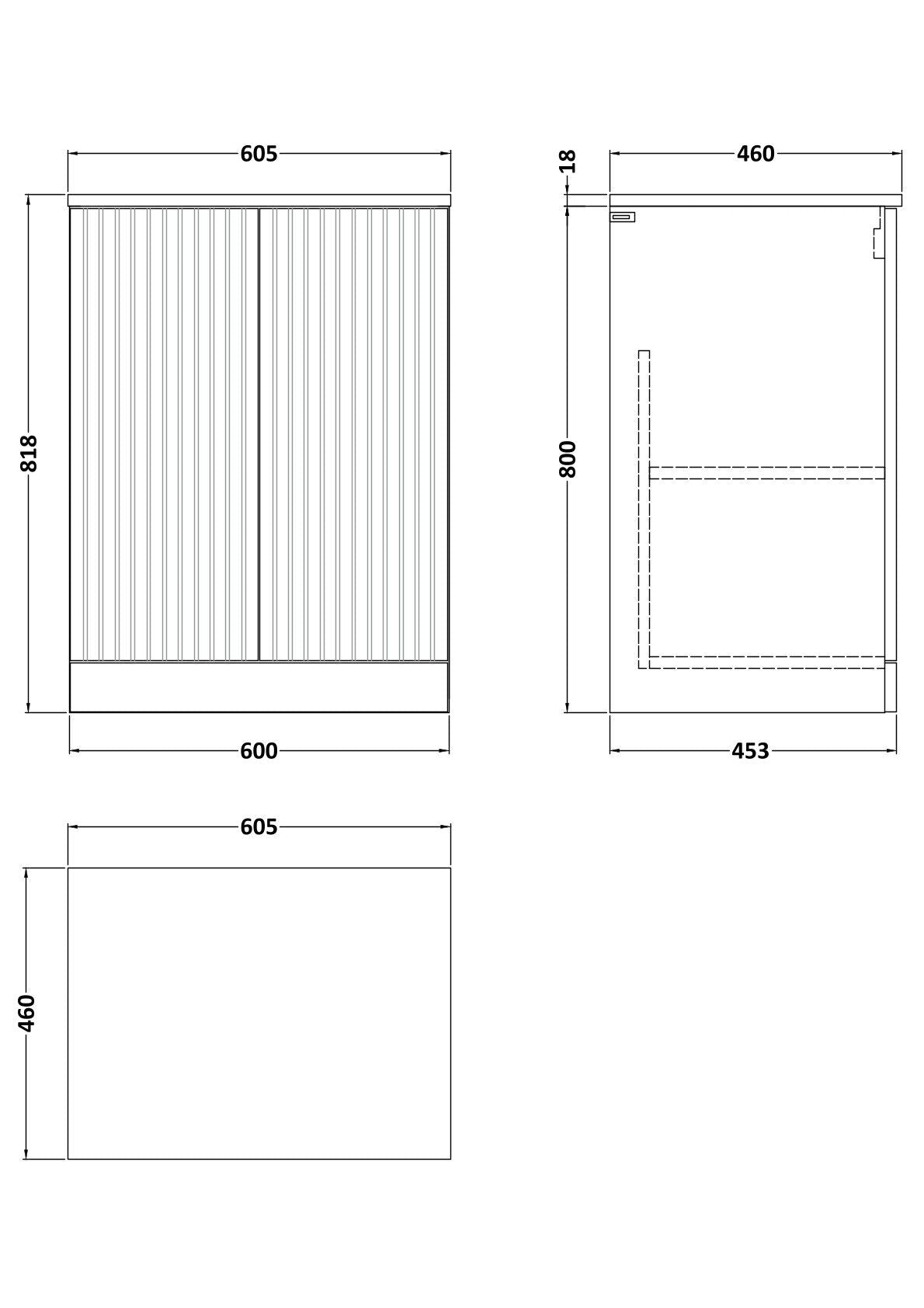 [BFLF103LMP] Callingwood Contemporary Floor Standing 2 Door Vanity Unit with Marble Plaster Laminate Worktop, Choice of Size and Colour - Line Drawing