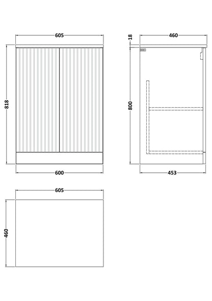 [BFLF103LMP] Callingwood Contemporary Floor Standing 2 Door Vanity Unit with Marble Plaster Laminate Worktop, Choice of Size and Colour - Line Drawing