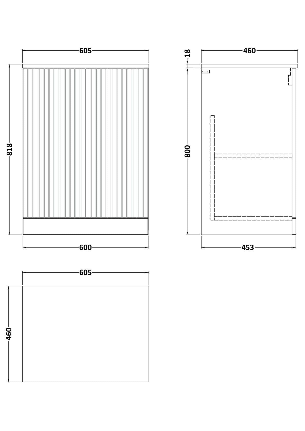 [BFLF103LSWG] Callingwood Contemporary Floor Standing 2 Door Vanity Unit with White Sparkle Laminate Worktop, Choice of Size and Colour - Line Drawing