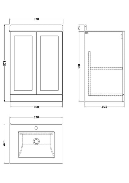 [BFLF103WS1] Callingwood Contemporary Floor Standing 2 Door Vanity Unit with Marble Worktop and Basin, Choice of Size and Colour - Line Drawing