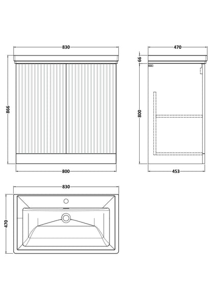 [BFLF105A] Callingwood Contemporary Floor Standing 2 Door Vanity Unit with Traditional 1 Tap Hole Fireclay Basin, Choice of Size and Colour - Line Drawing