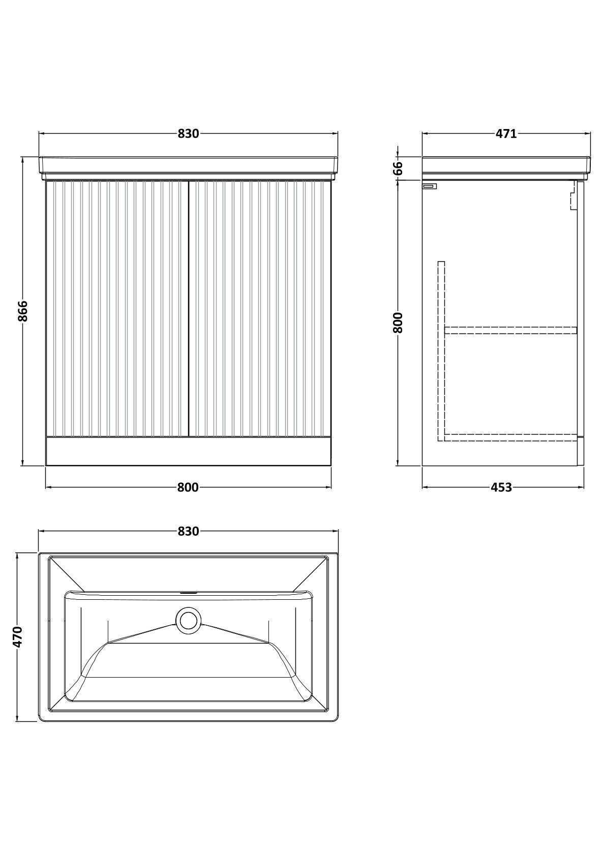 [BFLF105H] Callingwood Contemporary Floor Standing 2 Door Vanity Unit with Traditional 0 Tap Hole Fireclay Basin, Choice of Size and Colour - Line Drawing