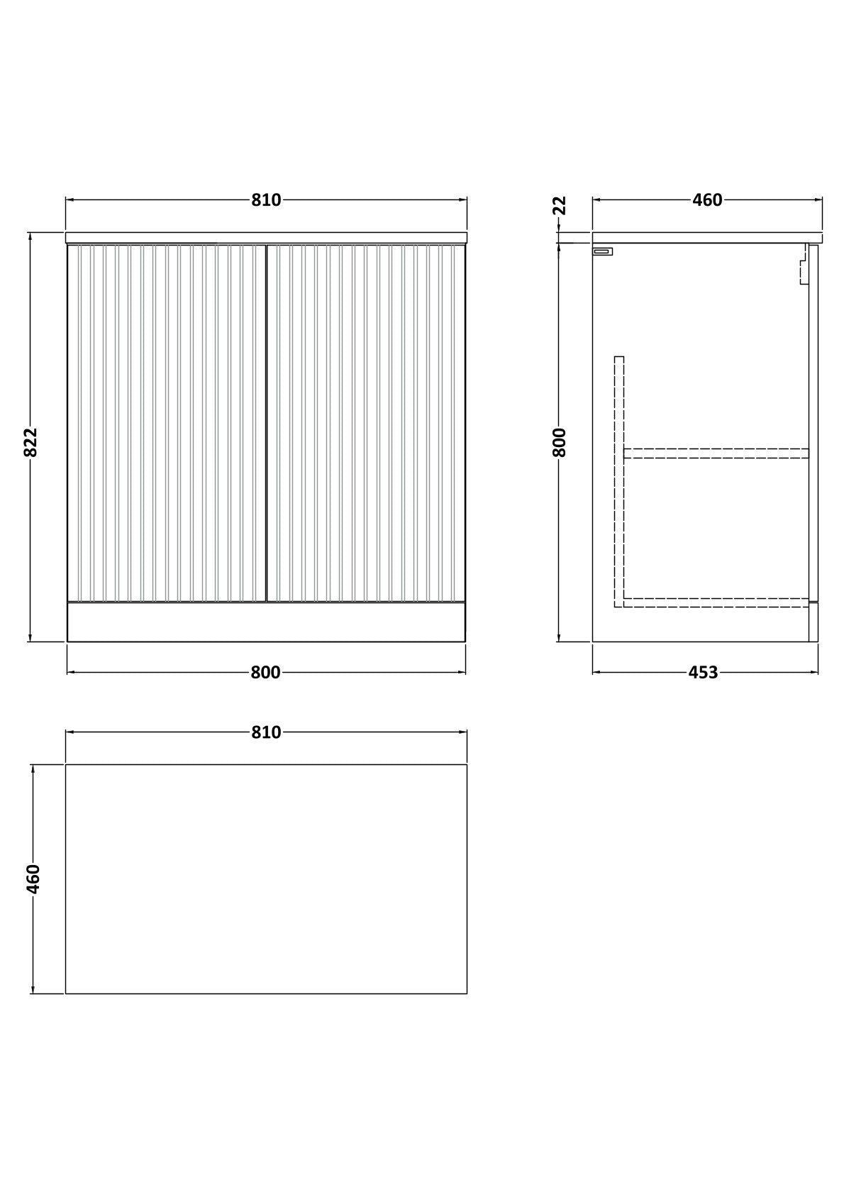 [BFLF105LWN] Callingwood Contemporary Floor Standing 2 Door Vanity Unit with White Nebula Laminate Worktop, Choice of Size and Colour - Line Drawing