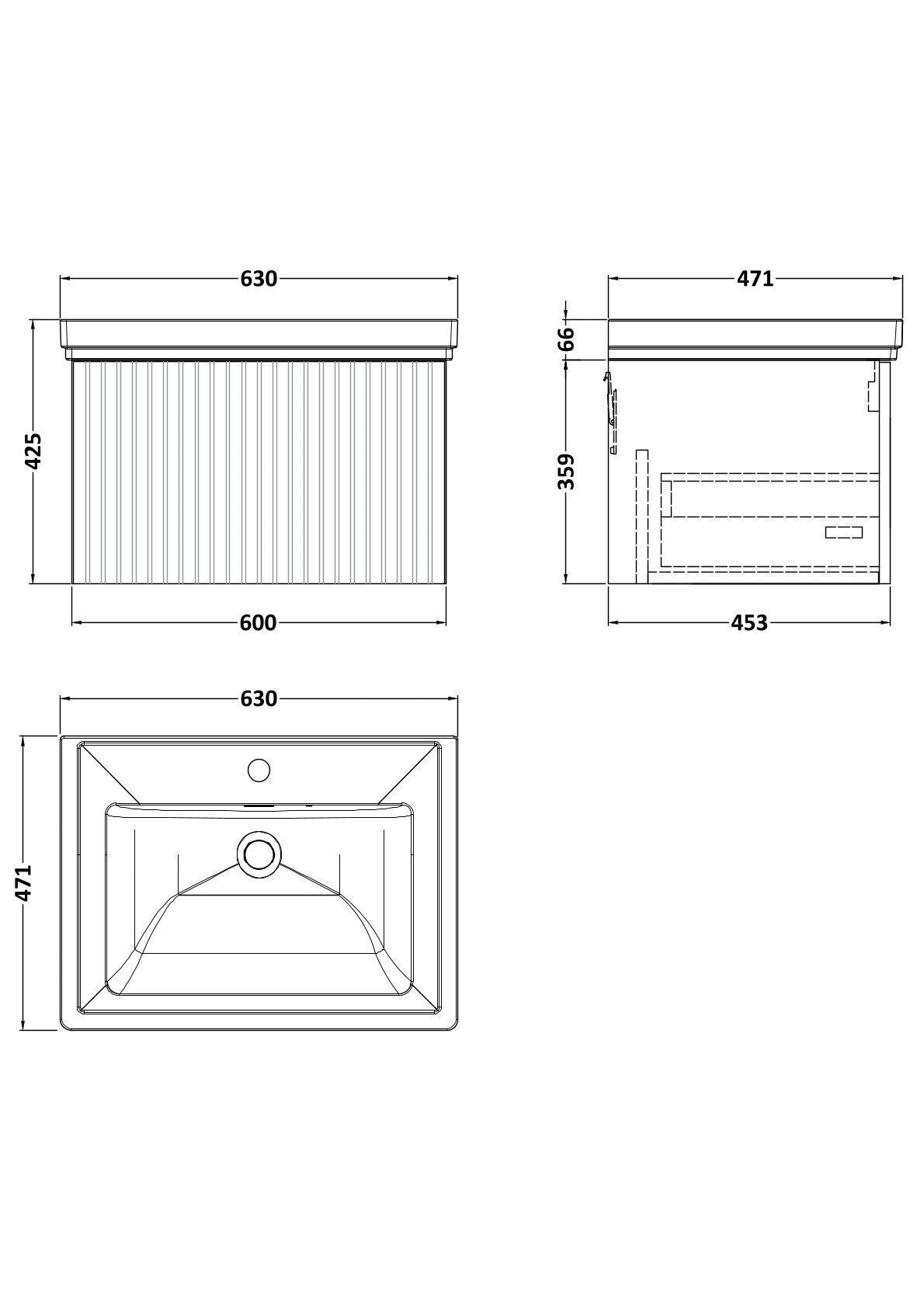 [BFLF122A] Callingwood Contemporary Wall Hung 1 Drawer Vanity Unit with Traditional 1 Tap Hole Fireclay Basin, Choice of Size and Colour - Line Drawing