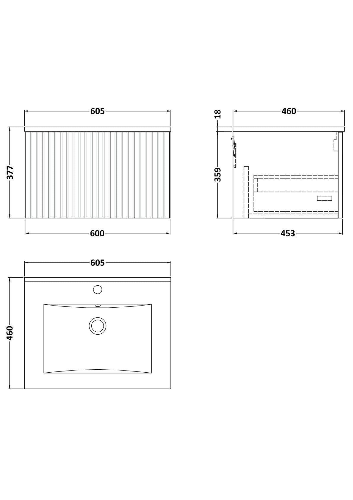 [BFLF122C] Callingwood Contemporary Wall Hung 1 Drawer Vanity Unit with Minimalist Ceramic Basin, Choice of Size and Colour - Line Drawing