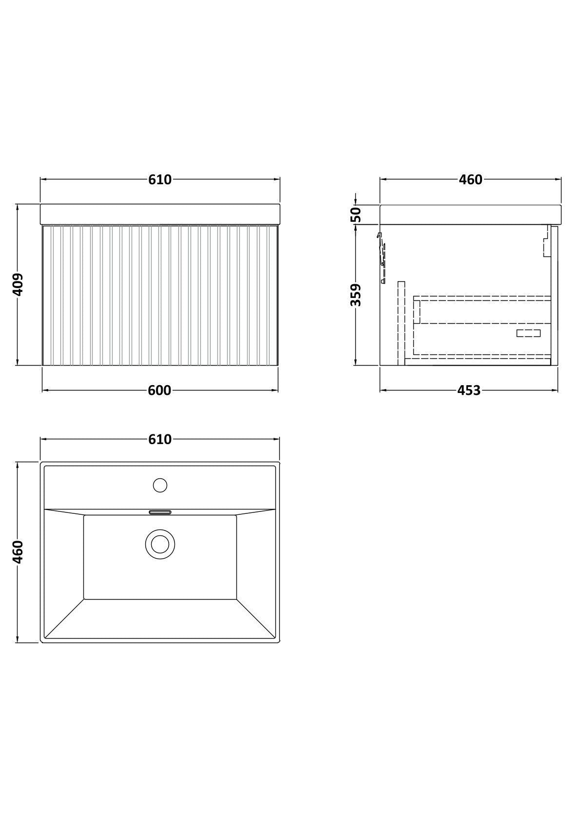 [BFLF122E] Callingwood Contemporary Wall Hung 1 Drawer Vanity Unit with Thin-Edge Ceramic Basin, Choice of Size and Colour - Line Drawing