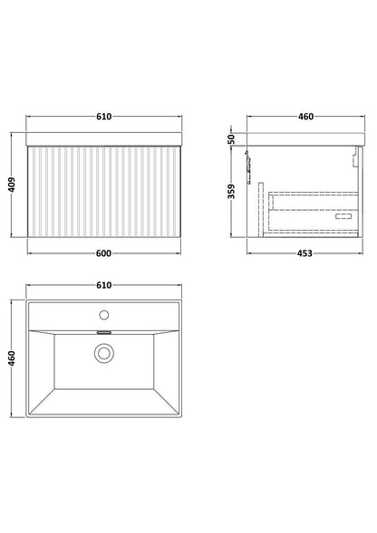 [BFLF122E] Callingwood Contemporary Wall Hung 1 Drawer Vanity Unit with Thin-Edge Ceramic Basin, Choice of Size and Colour - Line Drawing
