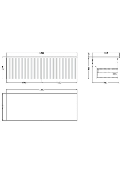[BFLF122GMT2] Callingwood Contemporary Wall Hung 2 Drawer 1200mm Vanity Unit with Grey Marble Worktop, Choice of Colour - Line Drawing