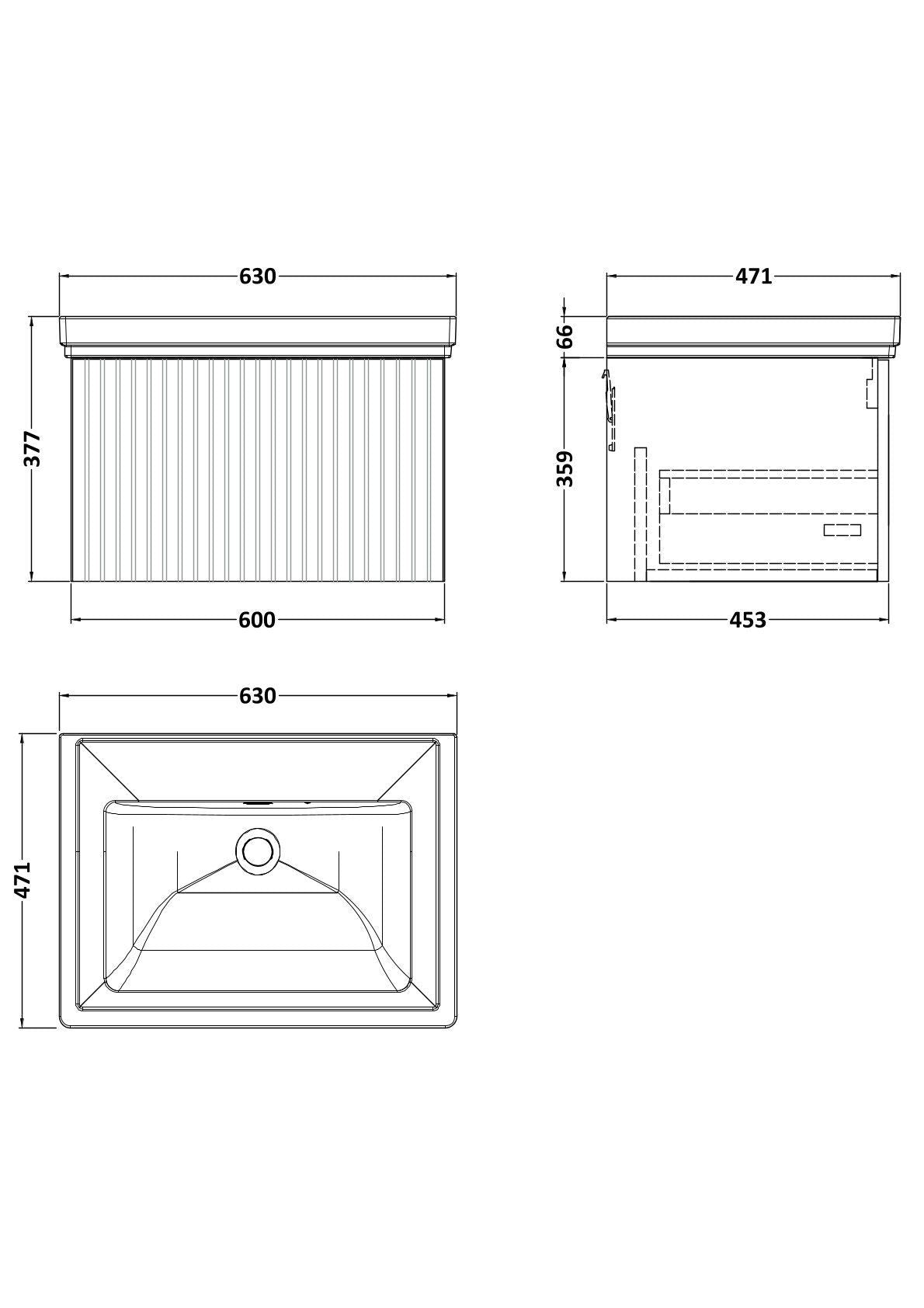 [BFLF122H] Callingwood Contemporary Wall Hung 1 Drawer Vanity Unit with Traditional 0 Tap Hole Fireclay Basin, Choice of Size and Colour - Line Drawing