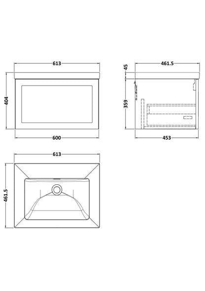[BFLF122K] Callingwood Contemporary Wall Hung 1 Drawer Vanity Unit with 0 Tap Hole Fireclay Basin, Choice of Size and Colour - Line Drawing