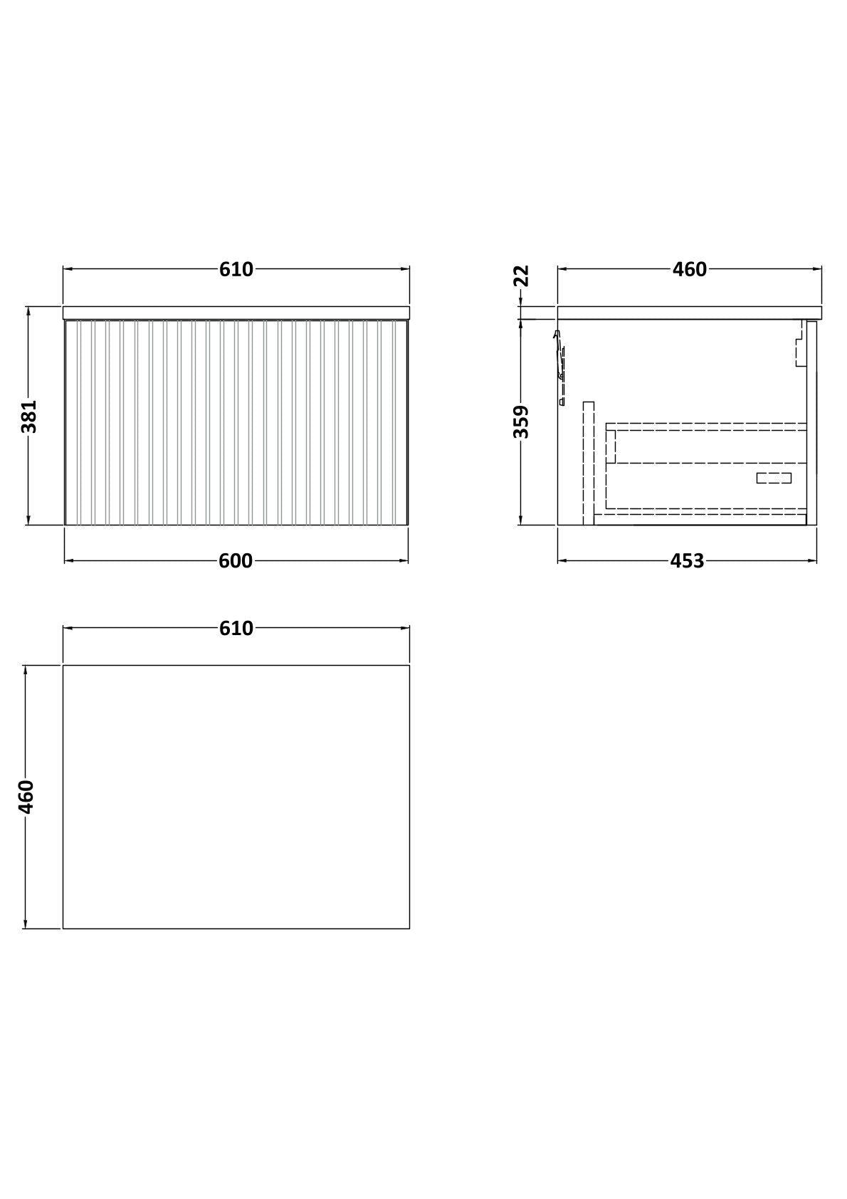 [BFLF122LCM] Callingwood Contemporary Wall Hung 1 Drawer Vanity Unit with Carrera Marble Laminate Worktop, Choice of Size and Colour - Line Drawing