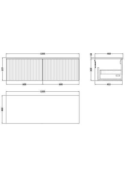 [BFLF122W2] Callingwood Contemporary Wall Hung 2 Drawer 1200mm Vanity Unit with Laminate Worktop, Choice of Colour - Line Drawing