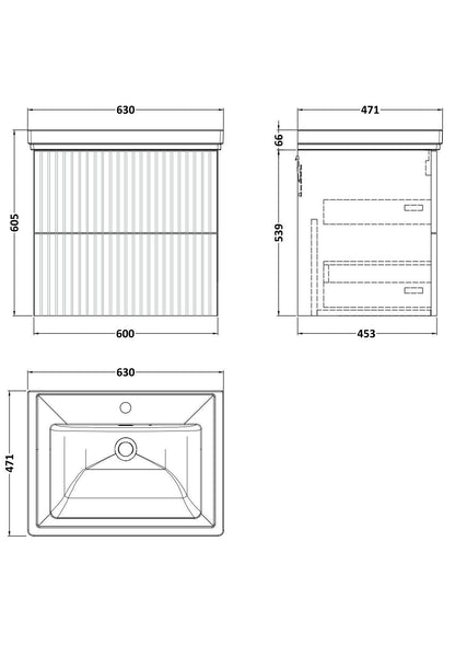 [BFLF124A] Callingwood Contemporary Wall Hung 2 Drawer Vanity Unit with Traditional 1 Tap Hole Fireclay Basin, Choice of Size and Colour - Line Drawing