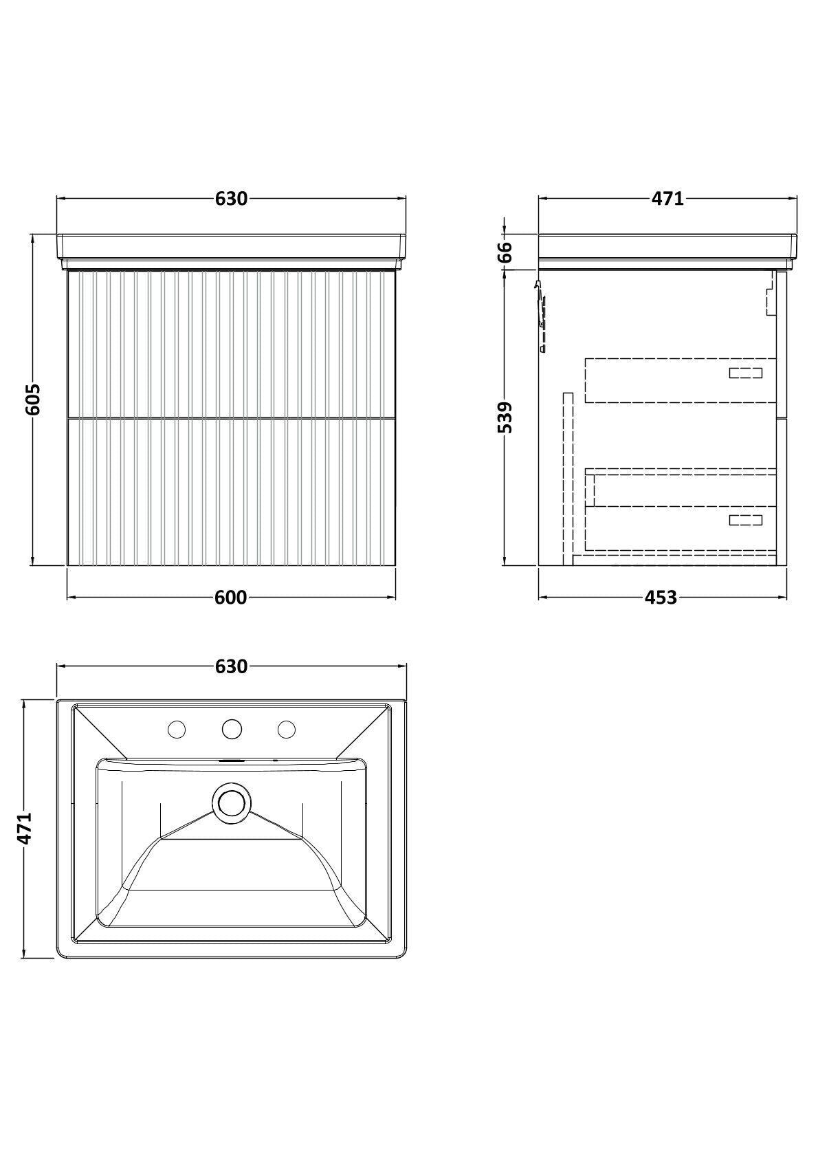 [BFLF124B] Callingwood Contemporary Wall Hung 2 Drawer Vanity Unit with Traditional 3 Tap Hole Fireclay Basin, Choice of Size and Colour - Line Drawing