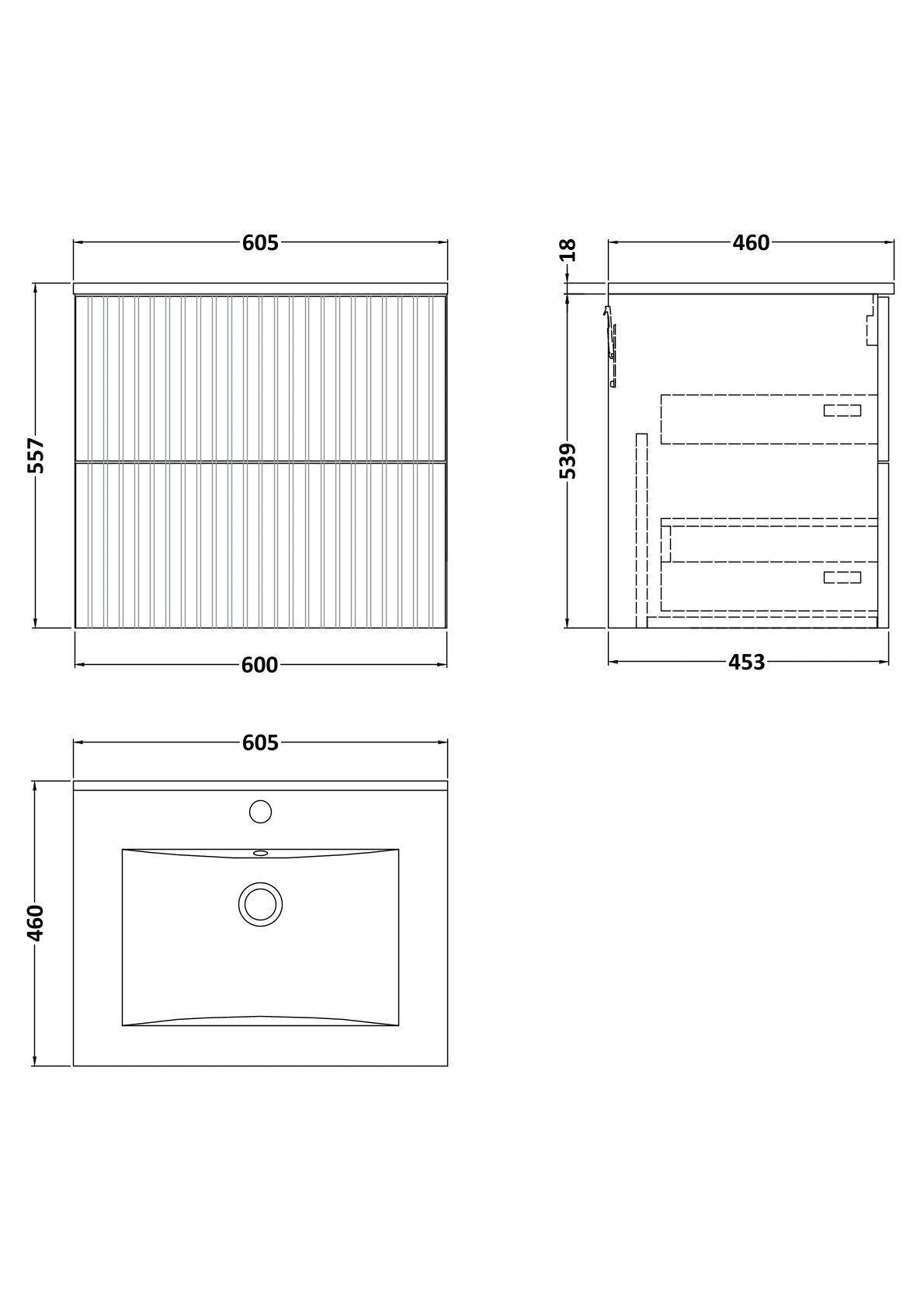 [BFLF124C] Callingwood Contemporary Wall Hung 2 Drawer Vanity Unit with Minimalist Ceramic Basin, Choice of Size and Colour - Line Drawing
