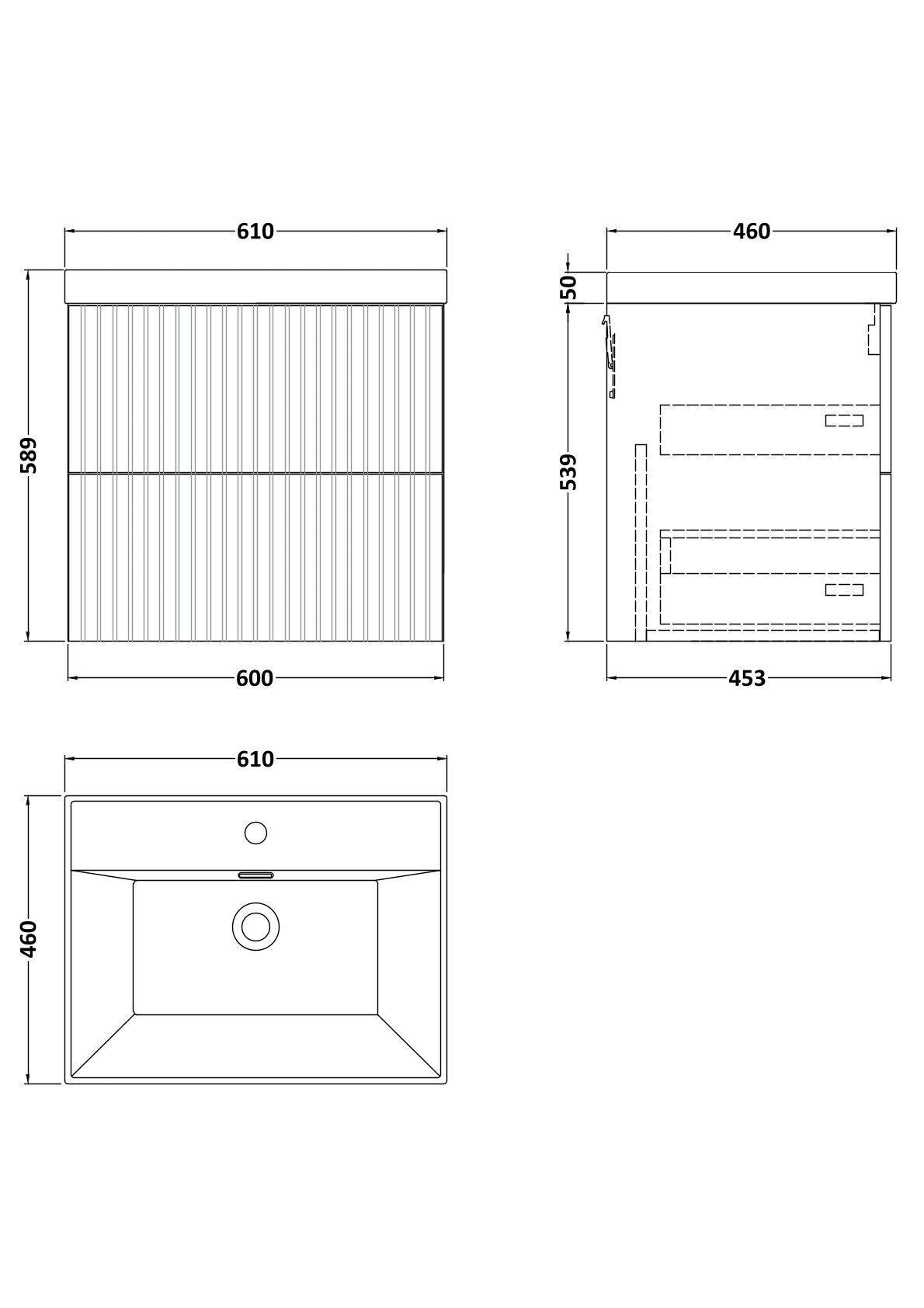 [BFLF124E] Callingwood Contemporary Wall Hung 2 Drawer Vanity Unit with Thin-Edge Ceramic Basin, Choice of Size and Colour - Line Drawing