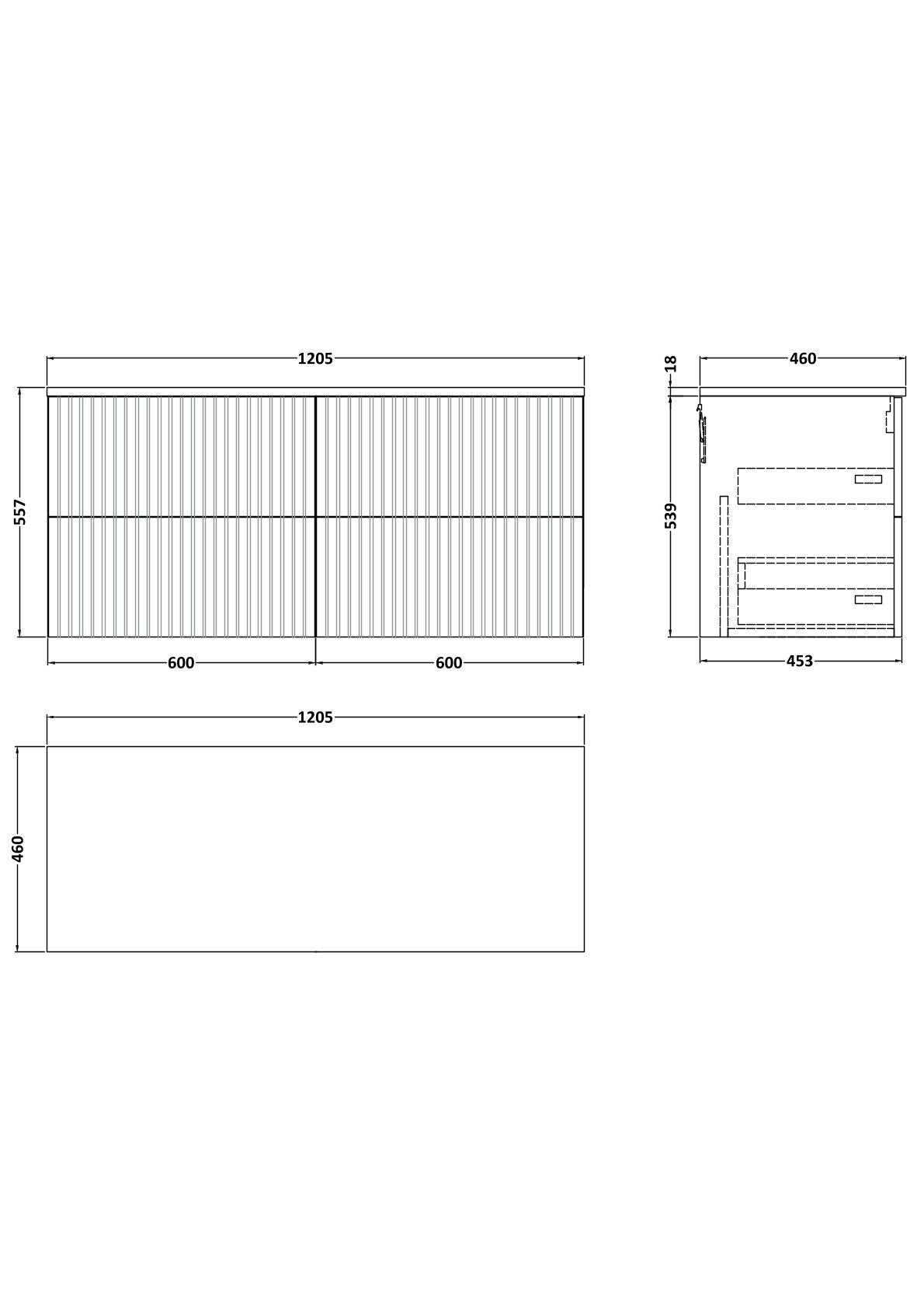 [BFLF124W2] Callingwood Contemporary Wall Hung 4 Drawer 1200mm Vanity Unit with Laminate Worktop, Choice of Colour - Line Drawing
