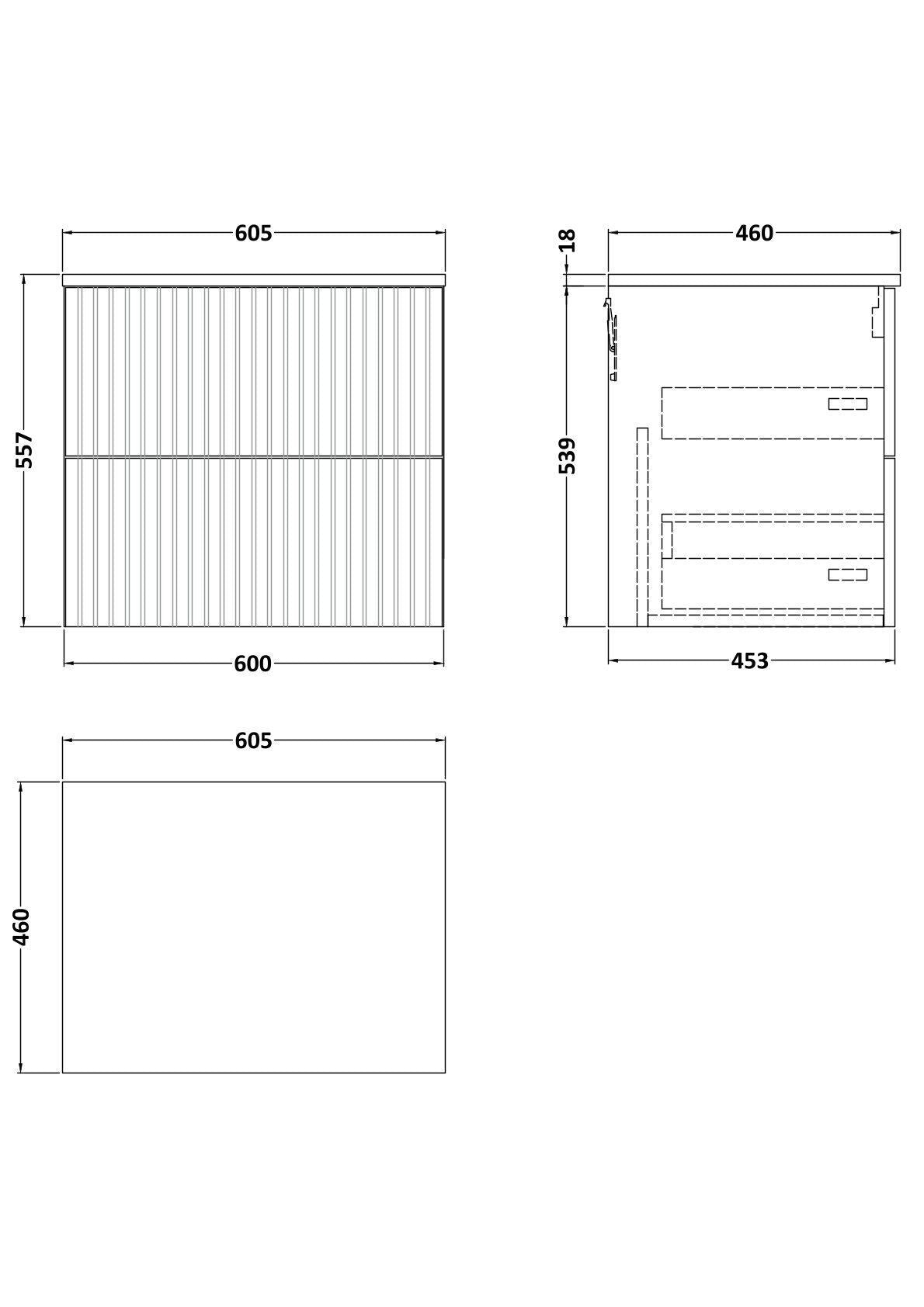 [BFLF124W] Callingwood Contemporary Wall Hung 2 Drawer Vanity Unit with Laminate Worktop, Choice of Size and Colour - Line Drawing