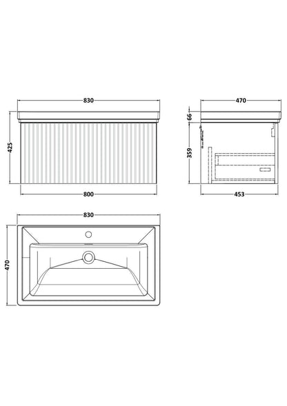 [BFLF125A] Callingwood Contemporary Wall Hung 1 Drawer Vanity Unit with Traditional 1 Tap Hole Fireclay Basin, Choice of Size and Colour - Line Drawing