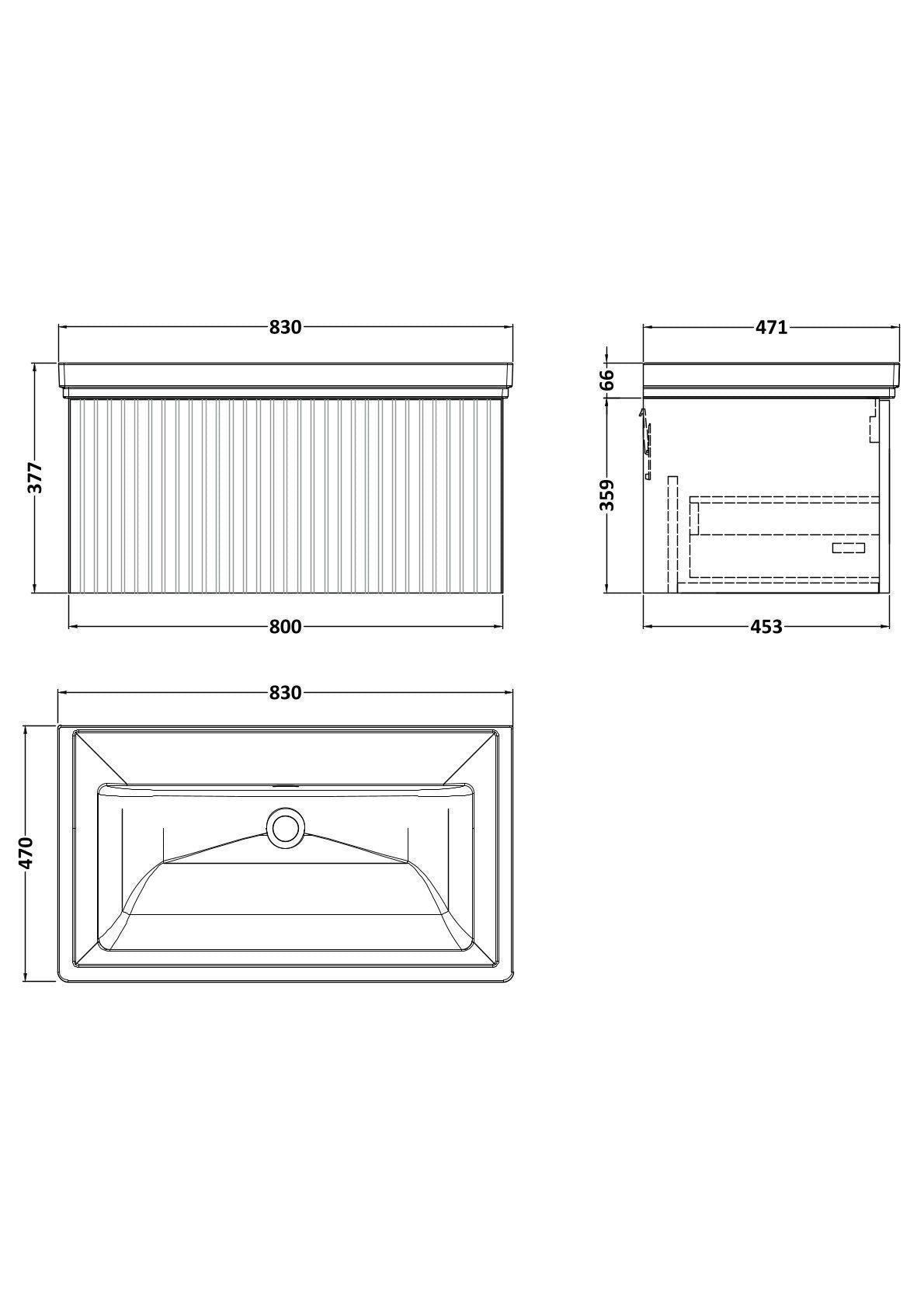 [BFLF125H] Callingwood Contemporary Wall Hung 1 Drawer Vanity Unit with Traditional 0 Tap Hole Fireclay Basin, Choice of Size and Colour - Line Drawing