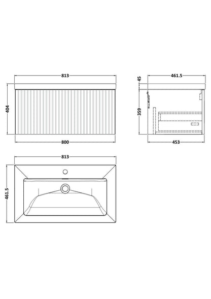 [BFLF125L] Callingwood Contemporary Wall Hung 1 Drawer Vanity Unit with 1 Tap Hole Fireclay Basin, Choice of Size and Colour - Line Drawing