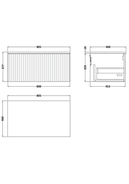 [BFLF125W] Callingwood Contemporary Wall Hung 1 Drawer Vanity Unit with Laminate Worktop, Choice of Size and Colour - Line Drawing