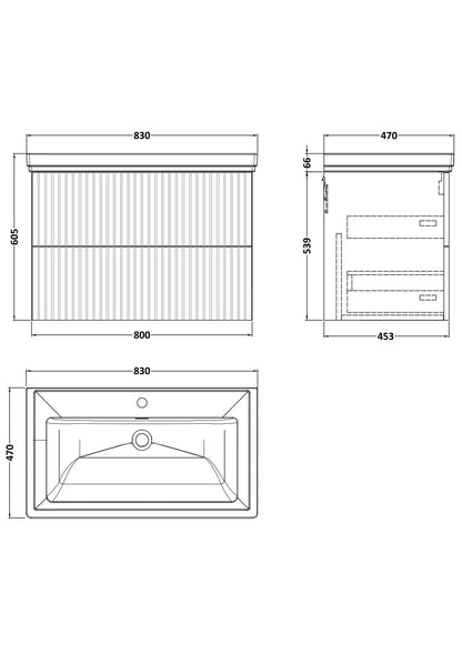 [BFLF126A] Callingwood Contemporary Wall Hung 2 Drawer Vanity Unit with Traditional 1 Tap Hole Fireclay Basin, Choice of Size and Colour - Line Drawing
